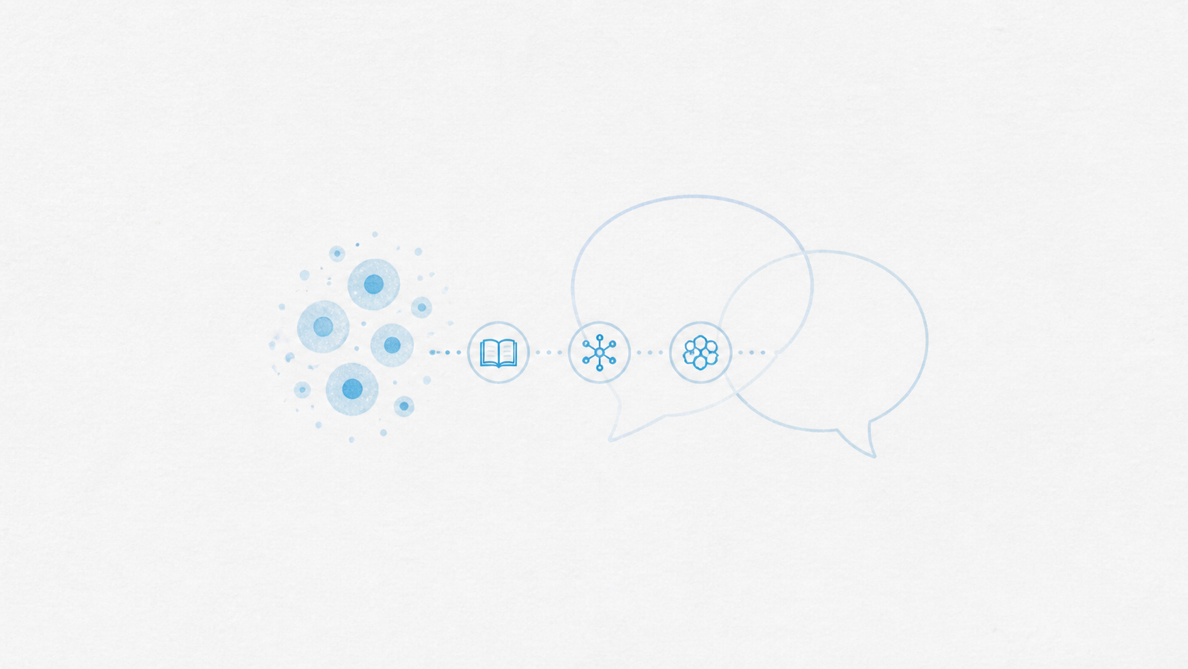 AI-generated conceptual illustration of cell clusters and knowledge nodes connected to a conversation